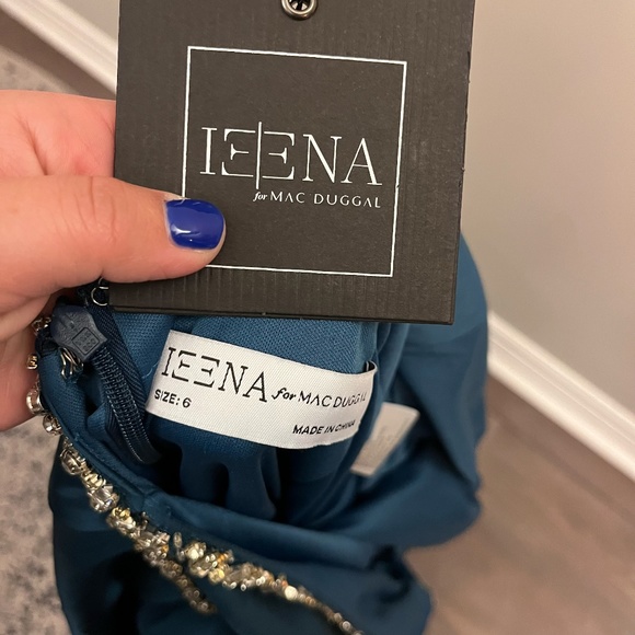 IEENA Mac Duggal Long Sleeve Jewel Trimmed Charmeuse Gown Blue - Picture 3 of 3